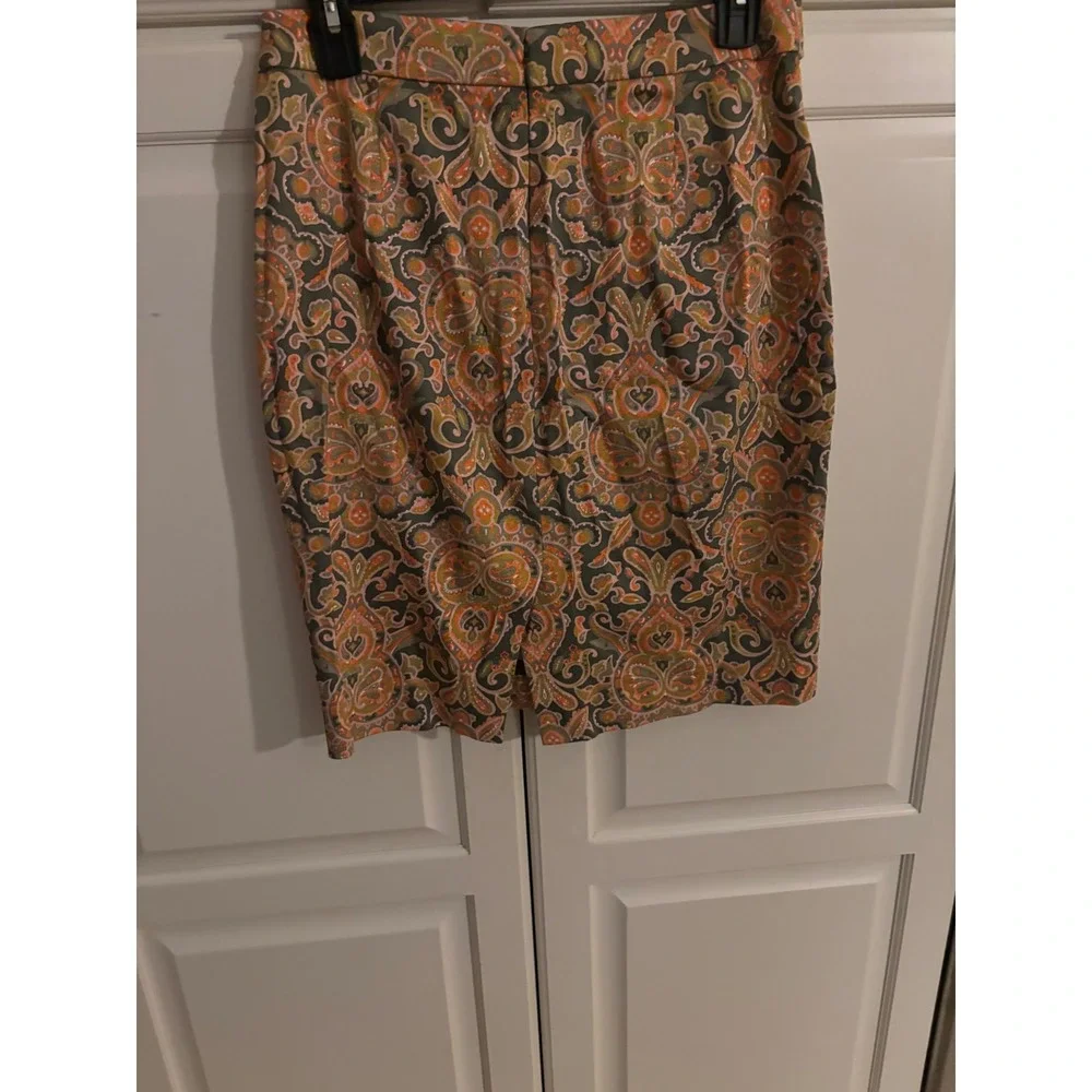 J.Crew The Pencil Skirt Orange Olive Paisley Stretch Cotton Size 2 37532